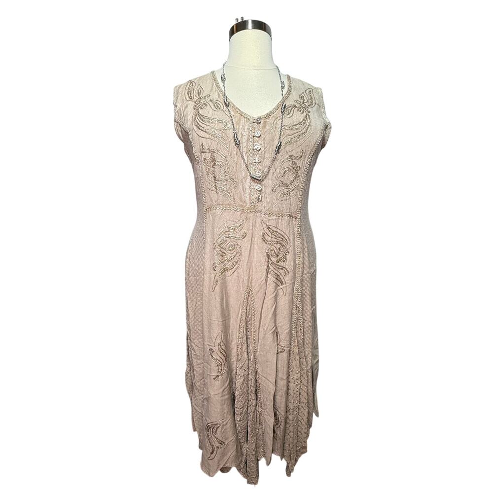 Flower Midi Dress Women’s Size XL Sleeveless Embroidered Tan Boho